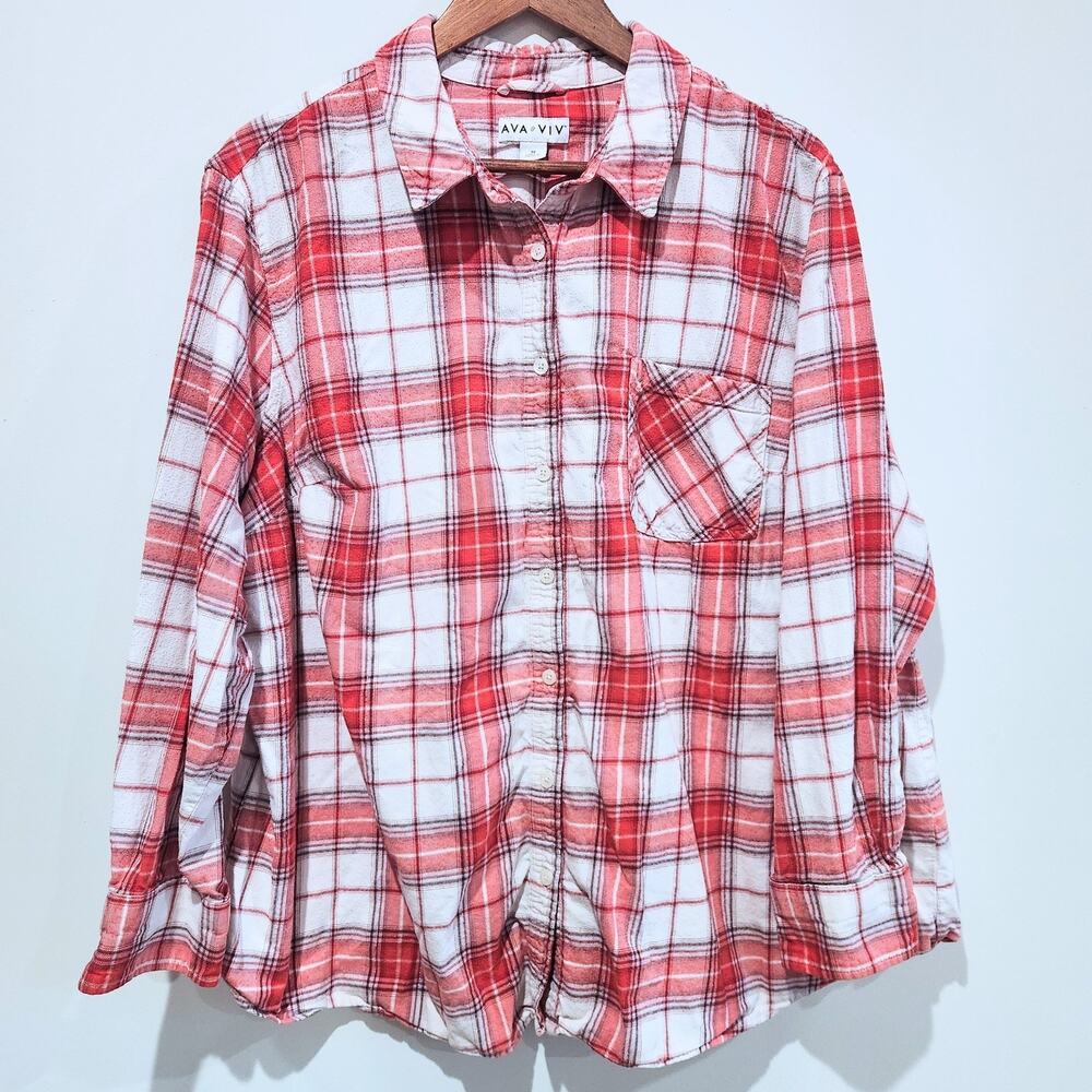 Ava & Viv Womens Red White Plaid Button Up Blouse Size 3X Western Casual Rodeo